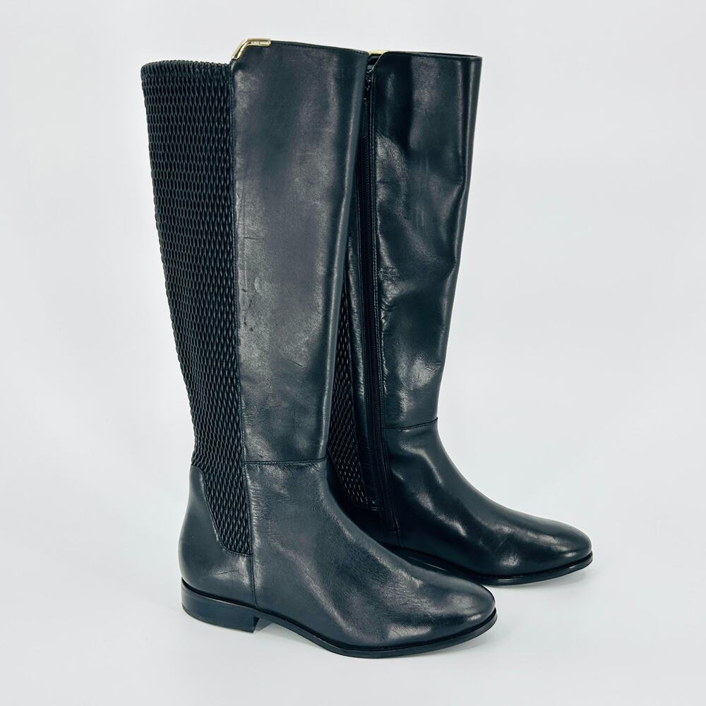 Cole Haan Black Riding Boots Gold Trim Woven Stretch Detail